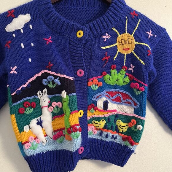 Handmade Vintage Embroidered Retro Farm Scene Cactus Knit Cardigan, Purple- 4T - Picture 2 of 4